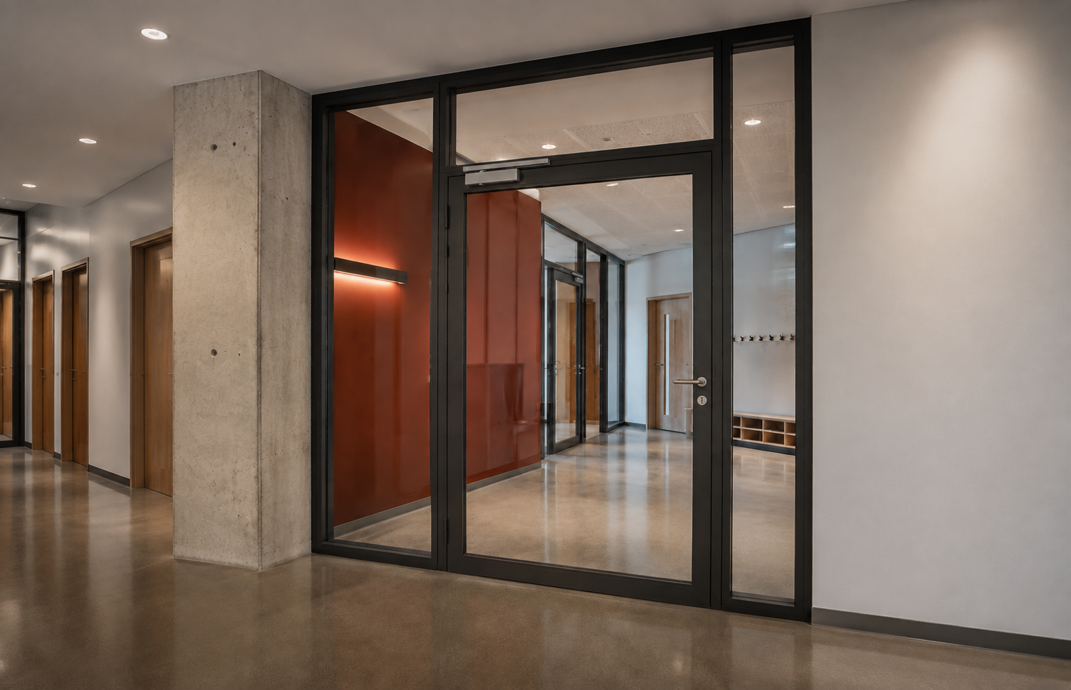 Fire-rated glazed screen and door set in a corridor